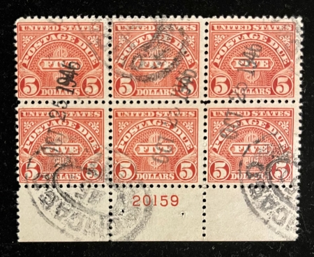 U.S. Stamps SCOTT #J-78b PLATE BLOCK, $5 POSTAGE DUE, USED, EXCESSIVELY RARE; SCOTT-UNPRICED