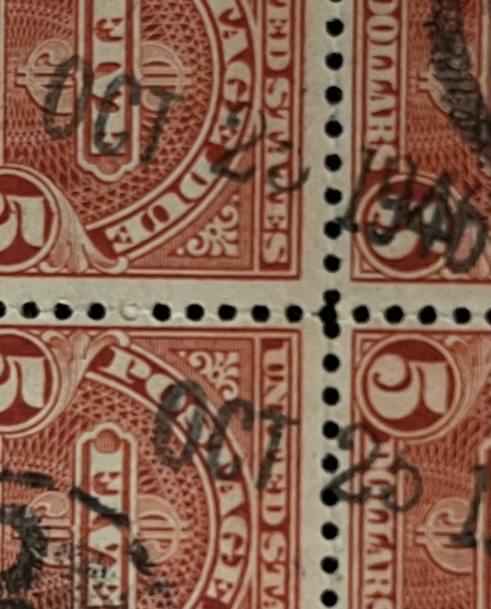 U.S. Stamps SCOTT #J-78b PLATE BLOCK, $5 POSTAGE DUE, USED, EXCESSIVELY RARE; SCOTT-UNPRICED