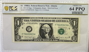U.S. Currency 1988-A $1 FRN EXPERIMENTAL WEB PRESS, ATLANTA FR1917F, F-N BLOCK PCGS CH 64 PPQ