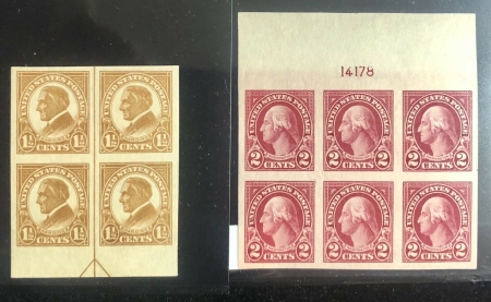 Postage SCOTT #577 & #576 2c RED & 1 1/2c BROWN PLT BLOCKS (2), VF+, MOG, NH -APS MEMBER