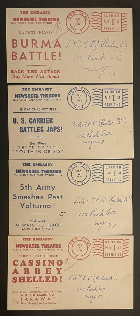 U.S. Stamps 24 WW II POSTAL CARDS, 7/1/43-4/6/44 NEWSREEL ANNOUNCEMENTS-EMBASSY THEATRE, NYC