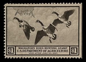 U.S. Stamps SCOTT #RW-3 1936 DUCK, USED, LIGHT SIG ON FRT, PERF TIP CRS, VF CENTER-CAT $100