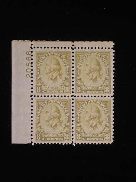 Postage SCOTT #713, PLATE BLOCK, 8c, OLIVE BISTER, MOG-NH, FRESH VF – CATALOG VALUE $60