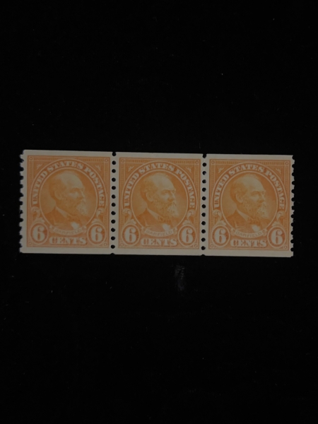 Postage SCOTT #723, 6c, DEEP ORANGE COIL, STRIP OF 3, MOG-NH, ABT VF, FRESH – CAT $47.50