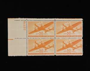Air Post Stamps SCOTT #C-31, 50c, ORANGE, PLATE BLOCK, MOG-NH, FRESH & VF – CATALOG VALUE $47.50