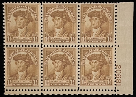 Postage SCOTT #706, 1 1/2c, BROWN, MOG-NH, VF & FRESH PLATE BLOCK – CATALOG VALUE $27.50