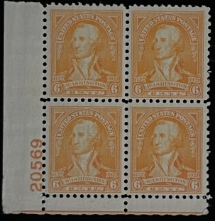 Postage SCOTT #711, 6c, ORANGE, MOG-NH, VF PLATE BLOCK – CATALOG VALUE $70