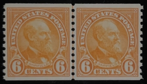 Postage SCOTT #723, 6c, ORANGE, GUIDE LINE PAIR, MOG-NH, FRESH & SUPERB – CATALOG $82.50