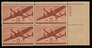 Air Post Stamps SCOTT #C-28, PLATE BLOCK #22767 SCARCE! 15c, BROWN-CARMINE, MOG-NH, VF FRESH!