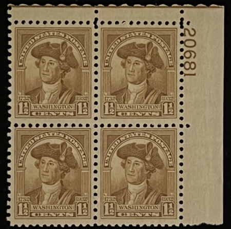 Postage SCOTT #706, PLATE BLOCK, 1 1/2c, BROWN, MOG-NH, VF FRESH – CATALOG VALUE $27.50