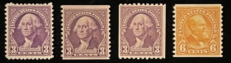 Postage SCOTT #720-723, 3c PURPLE (3), 6c DEEP ORANGE, MOG-NH, FRESH – CATALOG $20.95