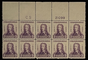 Postage SCOTT #726 PLATE BLOCK OF 10, 3c, PURPLE, MOG-NH, FRESH & VF – CATALOG VALUE $18