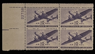 Air Post Stamps SCOTT #C-27 PLATE BLOCK, 10c, VIOLET, MOG-NH, VF & FRESH – CATALOG VALUE $25