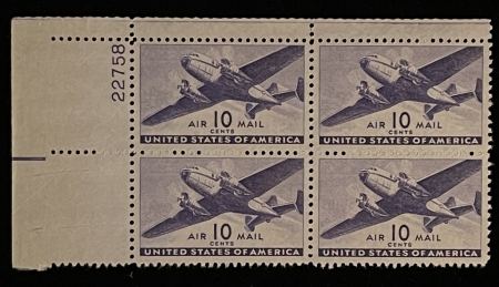 Air Post Stamps SCOTT #C-27 PLATE BLOCK, 10c, VIOLET, MOG-NH, VF & FRESH – CATALOG VALUE $25