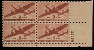 Air Post Stamps SCOTT #C-28 PLATE BLOCK, 15c, BROWN-CARMINE, MOG-NH, VF-FRESH! – CATALOG $30