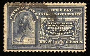 U.S. Stamps SCOTT #E-4, 10c, BLUE, LINE UNDER “TEN CENTS”, USED, F+ CENTER – CATALOG $110