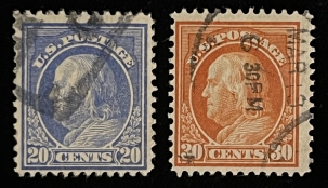 Postage SCOTT #419-420, 20c, ULTRAMARINE, 30c, ORANGE-RED, USED, ABT FINE – CATALOG $35