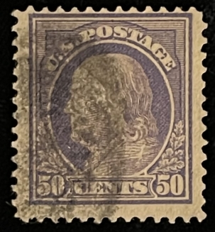 Postage SCOTT #421, 50c, VIOLET, PERF 12, SLWM, USED, ABT FINE – CATALOG VALUE $27.50