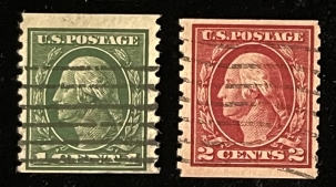 Postage SCOTT #443,444, 1c GREEN, 2c CARMINE, TY 1, PERF 10 VERT, ABT FINE – CATALOG $85