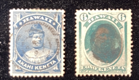 U.S. Stamps SCOTT #33 & 37 HAWAII 1C BLUE & 6 CENT GREEN USED, VF CENTERING, CATALOG-$16