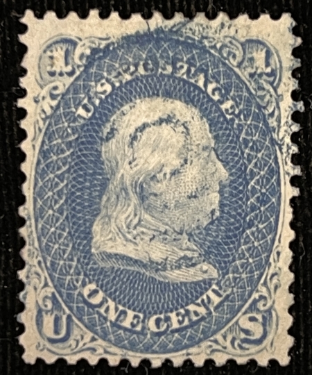 Postage SCOTT #63 1C FRANKLIN BLUE, USED VF, W/ BLUE CANCEL, CAT – $50