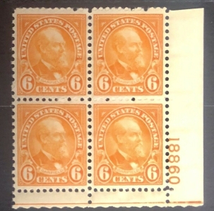 Postage SCOTT #638, 6c PLATE BLOCK, VF, MOG NH, CAT $20, A BEAUTY! -APS MEMBER