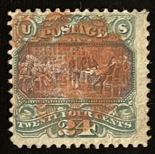 Postage SCOTT #120 24c GREEN & VIOLET, USED, FRESH, FINE & PRETTY, RED CANCEL-CAT $1150