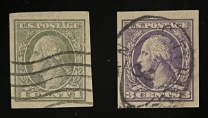 Postage SCOTT #531 & 535, 1c GRAY-GREEN & 3c VIOLET, IMPERF & POSTALLY USED-CAT $18