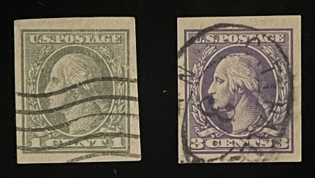 Postage SCOTT #531 & 535, 1c GRAY-GREEN & 3c VIOLET, IMPERF & POSTALLY USED-CAT $18