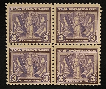 Postage SCOTT #537 3c DEEP VIOLET, BLOCK OF 4, MOG-NH, FINE+, CAT $80