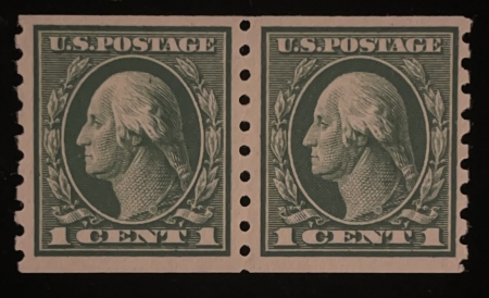 Postage SCOTT #412 1c GREEN, PAIR, PERF 8.5 VERT, MOG-VLH (PENCIL NOTATION), VF-CAT $60