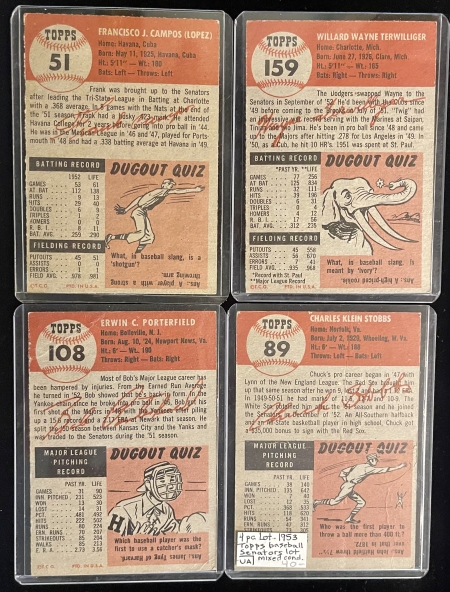 Sports Collectibles 1953 TOPPS BASEBALL CARD LOT, 51, 89, 108, 159; WASHINGTON SENATORS, 4 DIFFERENT