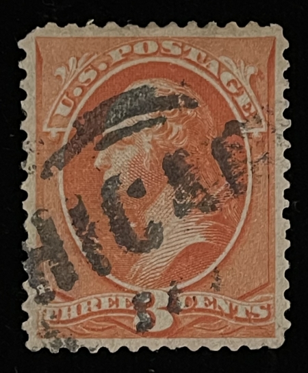 Postage SCOTT #214 3c VERMILION, USED, VF CENTERING BUT W/ SHORT PERF UPPER LEFT-CAT $50