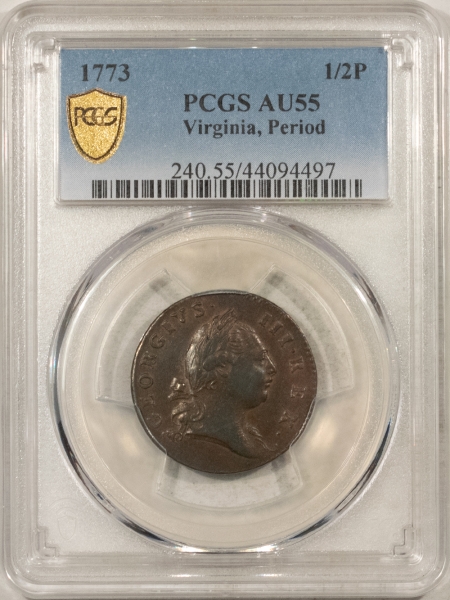 Colonials 1773 VIRGINIA COLONIAL HALF PENNY COPPER, PERIOD – PCGS AU-55, GREAT SURFACES PQ