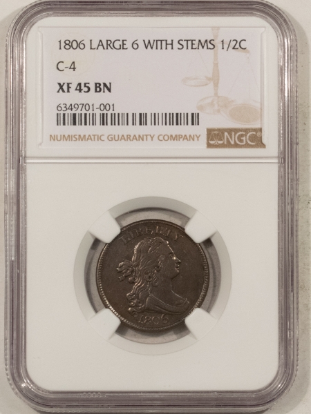 Draped Bust Half Cents 1806 DRAPED BUST HALF CENT, LG 6 STEMS, C-4 – NGC XF-45 BN, NICE SMOOTH & PQ!
