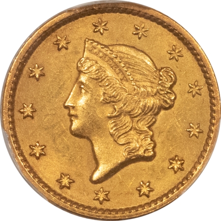 $1 1849 $1 GOLD DOLLAR, CLOSED WREATH – PCGS MS-62, NICE ORIGINAL FIRST YEAR TYPE!