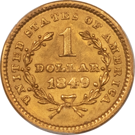 $1 1849 $1 GOLD DOLLAR, CLOSED WREATH – PCGS MS-62, NICE ORIGINAL FIRST YEAR TYPE!