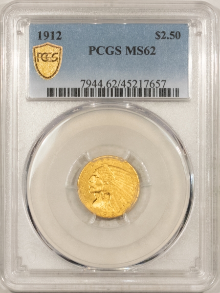 $2.50 1912 $2.50 INDIAN HEAD GOLD – PCGS MS-62, TOUGHER DATE!