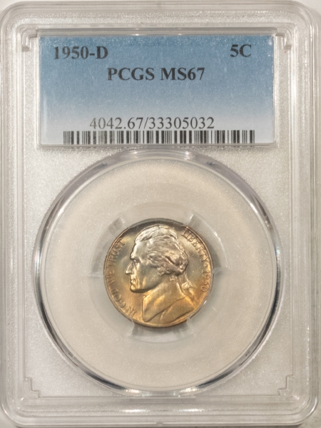 Jefferson Nickels 1950-D JEFFERSON NICKEL – PCGS MS-67, PRETTY SUPERB GEM, NEARLY FULL STEPS!