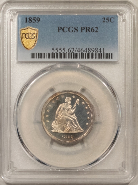 Liberty Seated Quarters 1859 PROOF SEATED LIBERTY QUARTER – PCGS PR-62, VIRTUALLY CAMEO, PREMIUM QUALITY