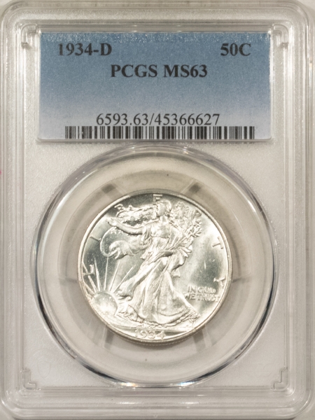 Half Dollars 1934-D WALKING LIBERTY HALF DOLLAR – PCGS MS-63, BLAST WHITE & CHOICE!