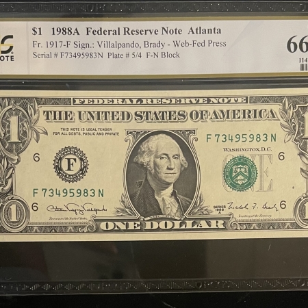 U.S. Currency 1988-A $1 FRN EXPERIMENTAL WEB PRESS, ATLANTA FR1917F, F-N BLOCK PCGS CH 66 PPQ