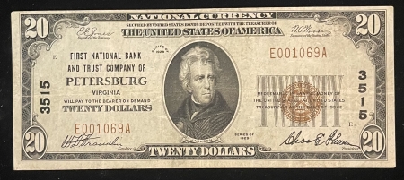Small National Currency 1929 $20 PETERSBURG, VA TY 1 NATIONAL BANK NOTE, CHTR 3515, BRIGHT & CHOICE VF!