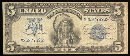 Large Silver Certificates 1899 $5 SILVER CERTIFICATE, CHIEF, FR-277, PARKER-BURKE, abt VF, REV PAPER TONE