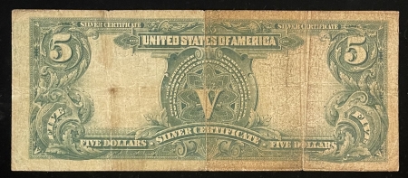 Large Silver Certificates 1899 $5 SILVER CERTIFICATE, CHIEF, FR-277, PARKER-BURKE, abt VF, REV PAPER TONE
