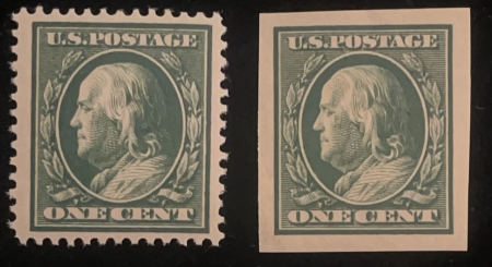 Postage SCOTT #374 & 383 1c GREEN PERF 12 & IMPERFORATE; MOG-NH, VF+, P.O. FRESH-CAT $19