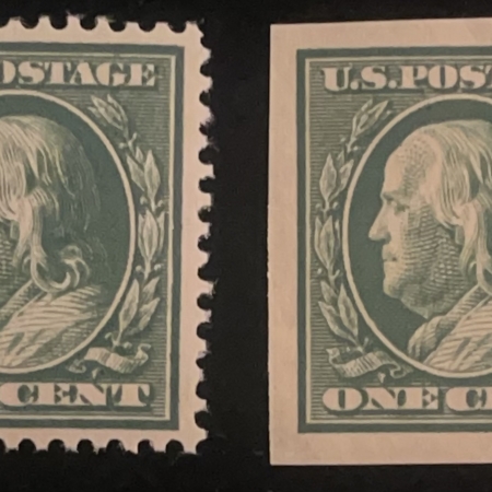 Postage SCOTT #374 & 383 1c GREEN PERF 12 & IMPERFORATE; MOG-NH, VF+, P.O. FRESH-CAT $19