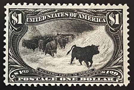 Postage SCOTT #292 $1 BLACK, CATTLE IN STORM, MOG-HR, INTENSE COLOR & abt VF-CAT $1500