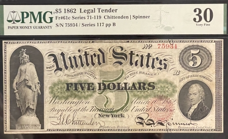 Large U.S. Notes 1862 $5 LEGAL TENDER, FR-61c, PMG VF-30; FRESH FROM OLD TIME COLLECTION!
