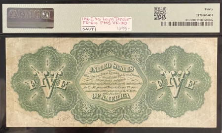 Large U.S. Notes 1862 $5 LEGAL TENDER, FR-61c, PMG VF-30; FRESH FROM OLD TIME COLLECTION!